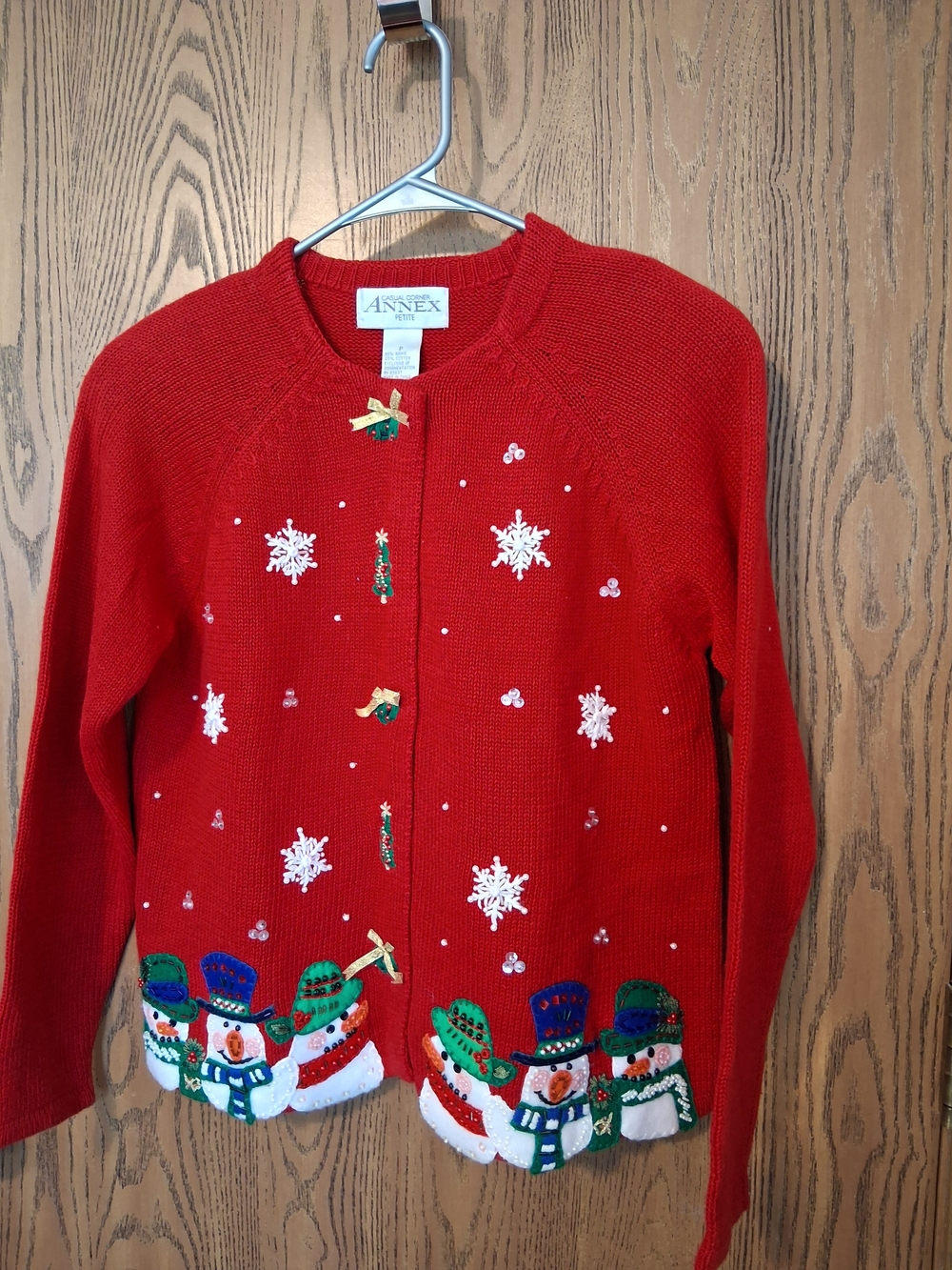 Casual Corner Red Snowman & Snowflake Embroidered Cardigan